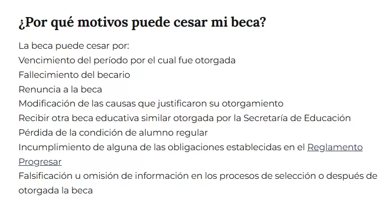 Motivos correspondientes a Progresar Obligatorio