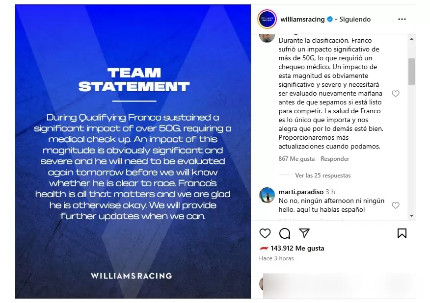 Comunicado de Williams sobre el accidente de Franco Colapinto