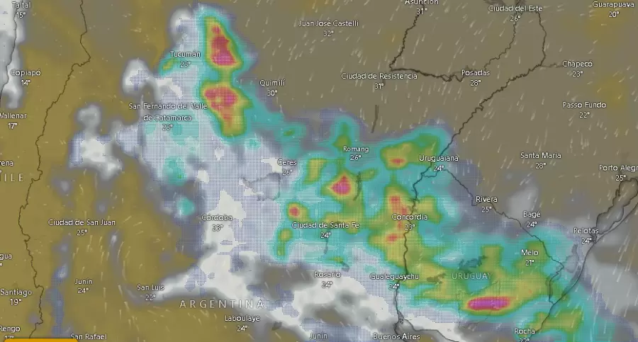 Tormentas sobre el centro y norte de Argentina el lunes 25 de noviembre a las 09.50.