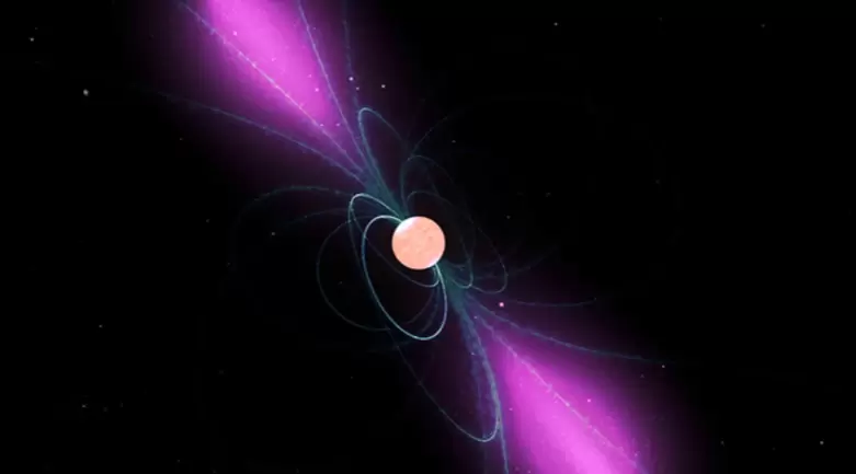 Impresión artística de un pulsar disparando nubes de electrones alatamente energéticos.