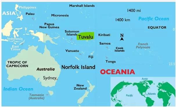 Situación relativa de Tuvalu con respecto a las otras islas de la Polinesia.
