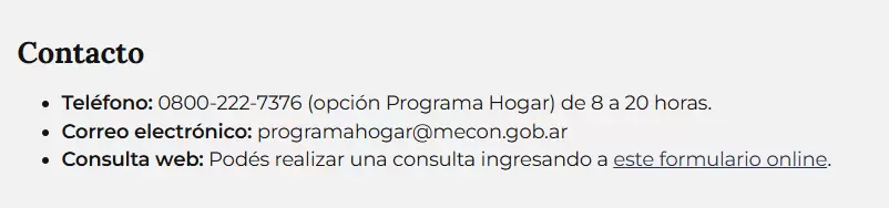 Canales de contacto del Programa Hogar