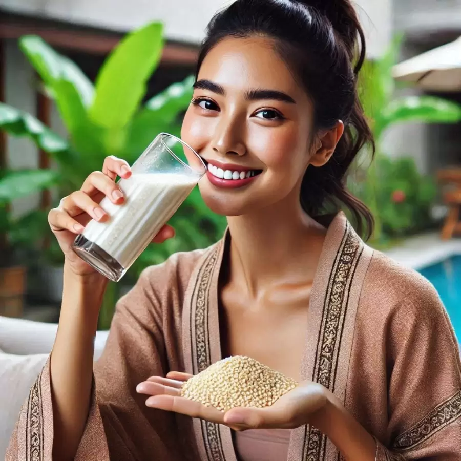 Mujer tomando leche de sésamo