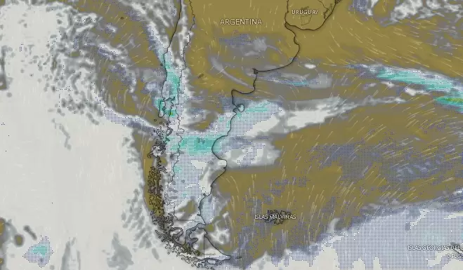 Nubosidad en el sur de Argentina a las 09.29 producidas por el extenso ingreso al continente del frente frío.