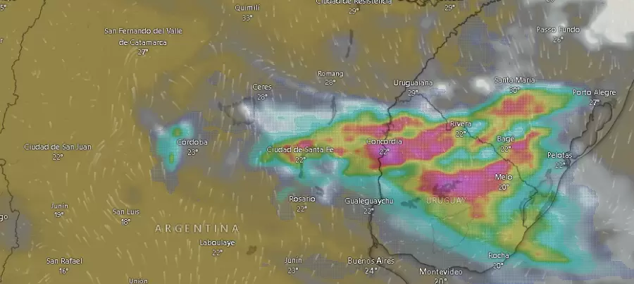 Imagen satelital de las tormentas en parte del centro y de El Litoral argentino a las 09.42 del viernes seis de diciembre de 2024.