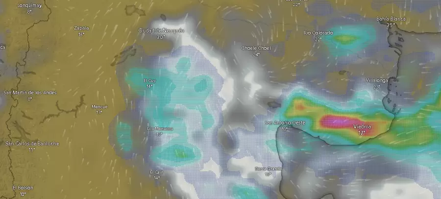 Nubosidad, circulación de masas de aire y tormentas sobre la franja central de Argentina a las 09.42 del miércoles 11 de noviembre.