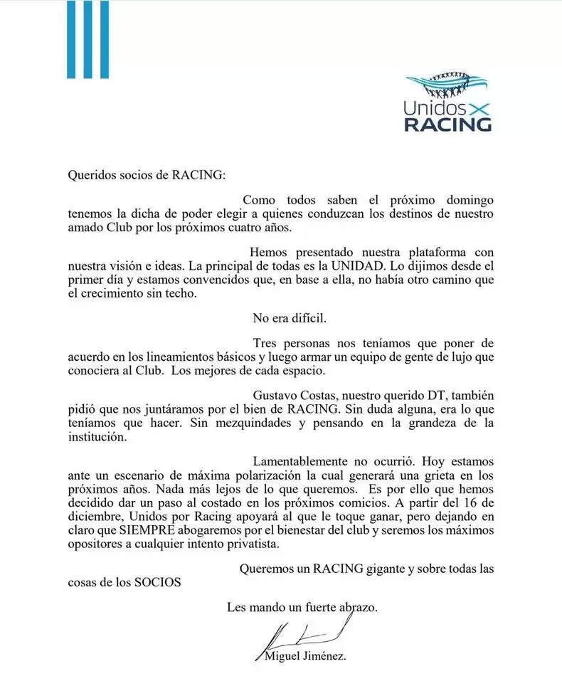 El texto de la carta escrita por Miguel Jiménez