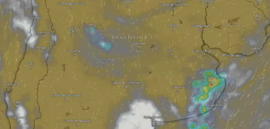 Nubosidad y tormentas en la franja central que afectan especialmente a Buenos Aires y al noreste de la Patagonia a las 09.26 del jueves 12.