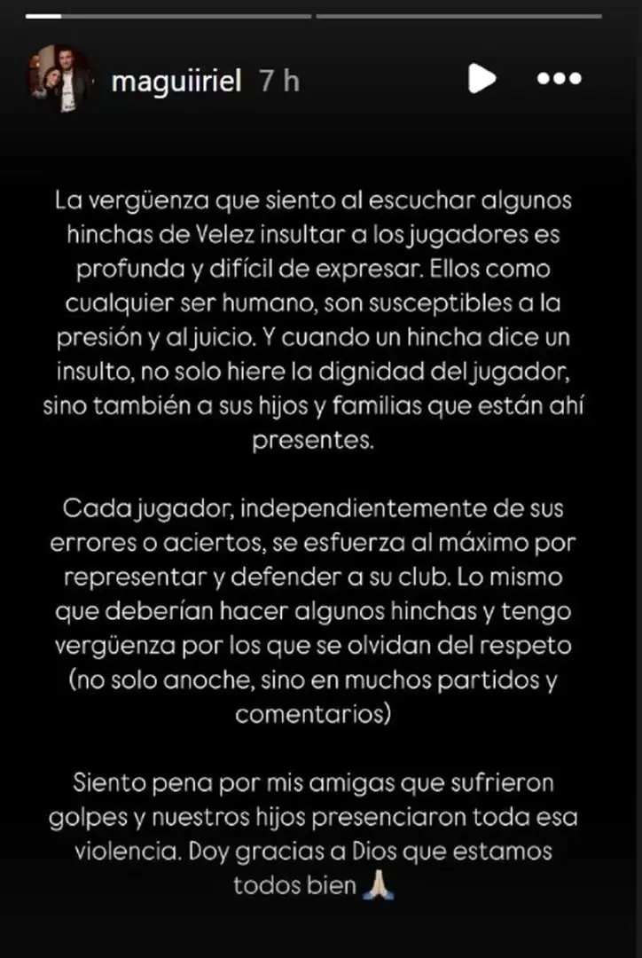 La misiva de Magalí en su cuenta de Instagram