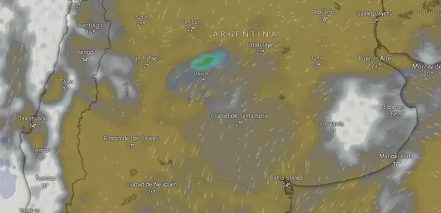 Nubosidad y tormentas en el centro de Argentina a las 09.45 del martes 17 de noviembre de 2024.