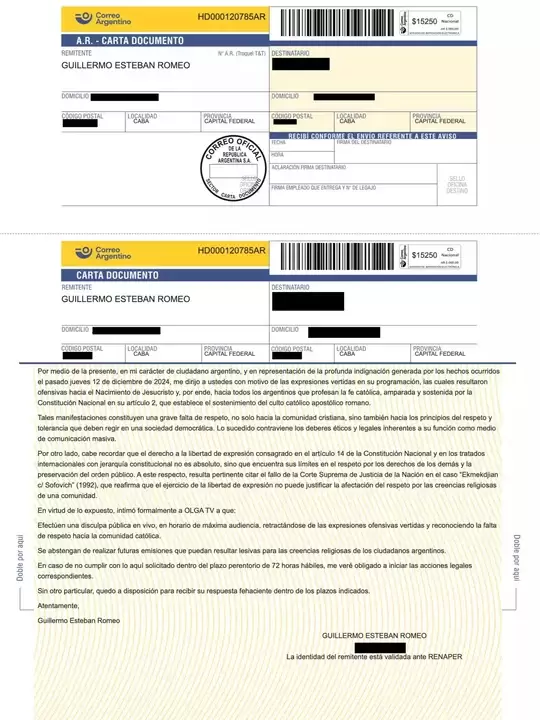 La carta documento enviada por Guillermo Romeo.