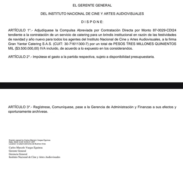 Costos de la fiesta del INCAA