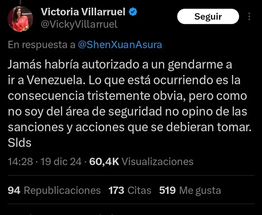 Posteo de Victoria Villarruel sobre la detención del gendarme argentino en Venezuela
