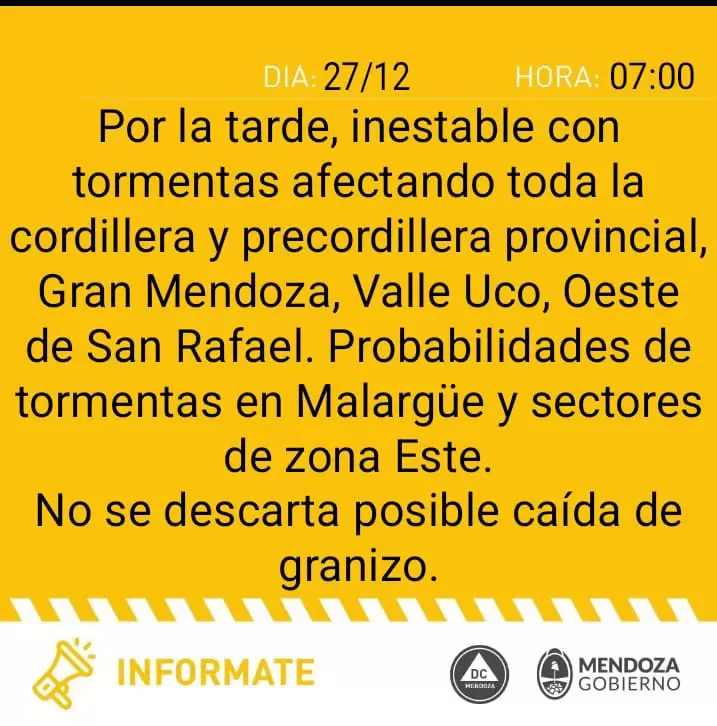 Comunicado emitido desde Defensa Civil de la provincia de Mendoza para hoy viernes 27 de diciembre de 2024.