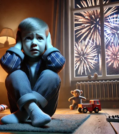 Niño asustado con la pirotecnia.