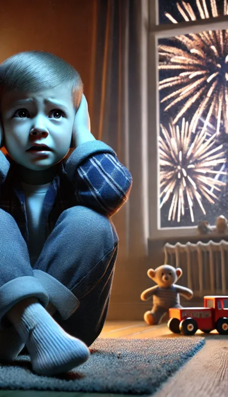Niño asustado con la pirotecnia.