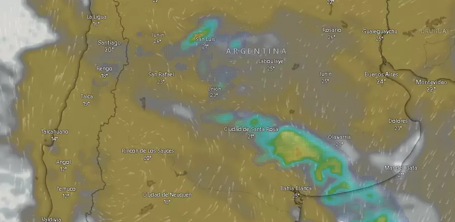 Tormentas a las 09.31 del martes 31 de diciembre de 2024 en el centro de Argentina.