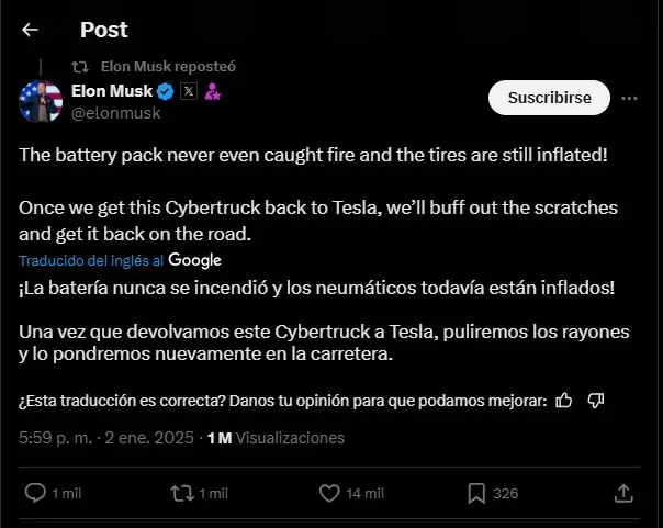 Musk descartó una detonación de la batería.