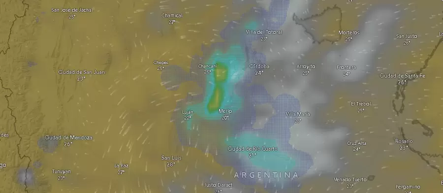 Registro de tormentas sobre zonas de Córdoba durante el lunes seis de enero de 2025 a las 09.34.