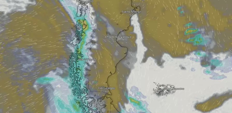 Nubosidad y formación de tormentas en el sur argentino a las 09.42 del miércoles nueve de enero de 2025.