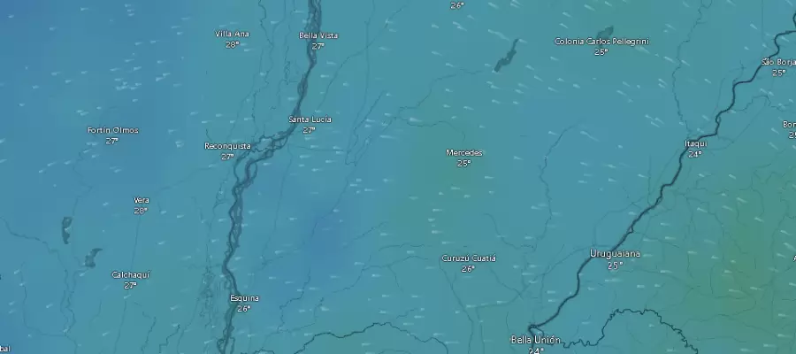 Temperaturas en distintas localidades de Corrientes el miércoles ocho de enero de 2025 a las 10.24.