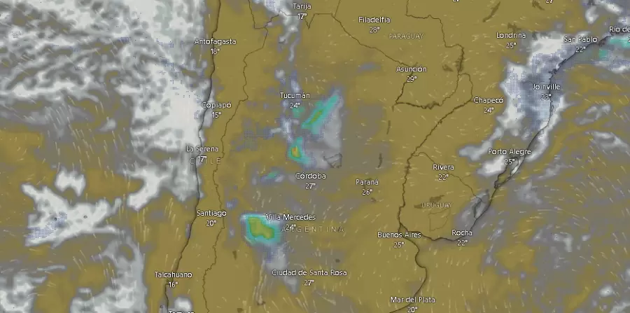Nubosidad y tormentas en el centro del pais el jueves nueve enero 2025 a las 10.00.