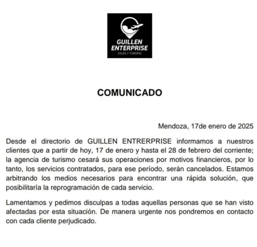 Comunicado de la agencia de turismo Guillén Enterprise