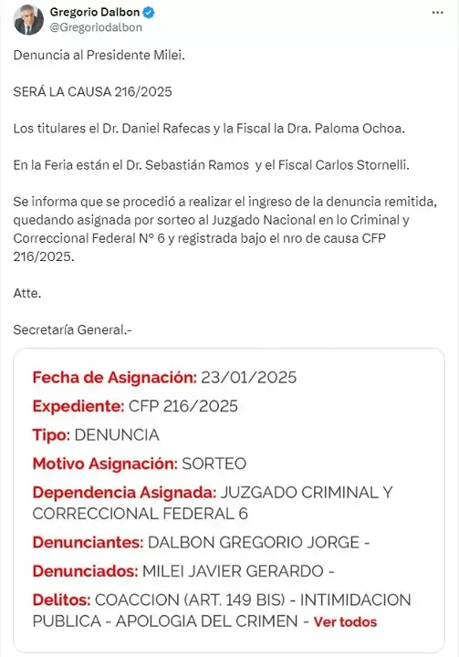 Denuncia a Milei