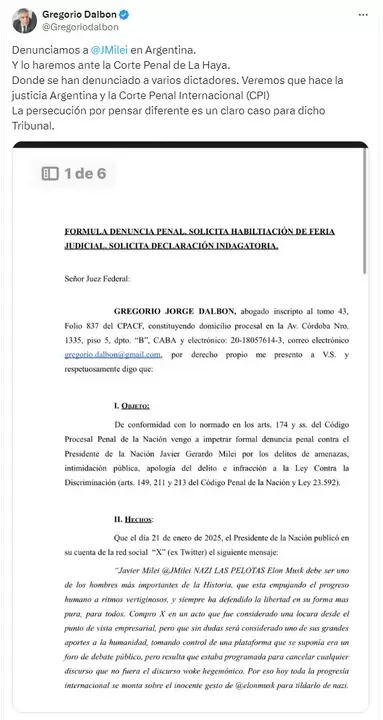 Denuncia a Milei