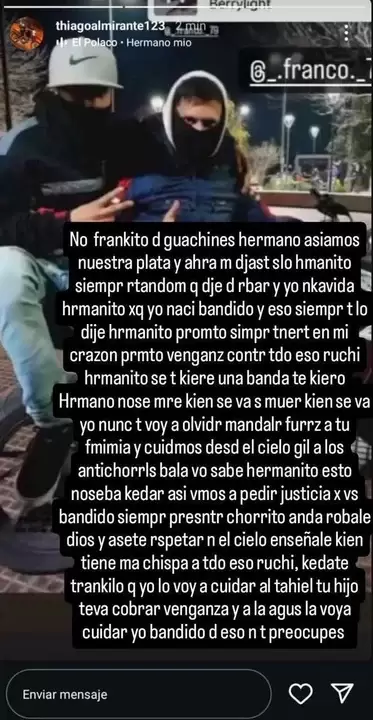 El mensaje que promete vengar la muerte de su amigo. (Foto: Noticias Argentinas / redes)