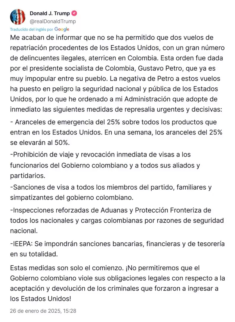 Comunicado de Donald Trump sobre las sanciones a Colombia