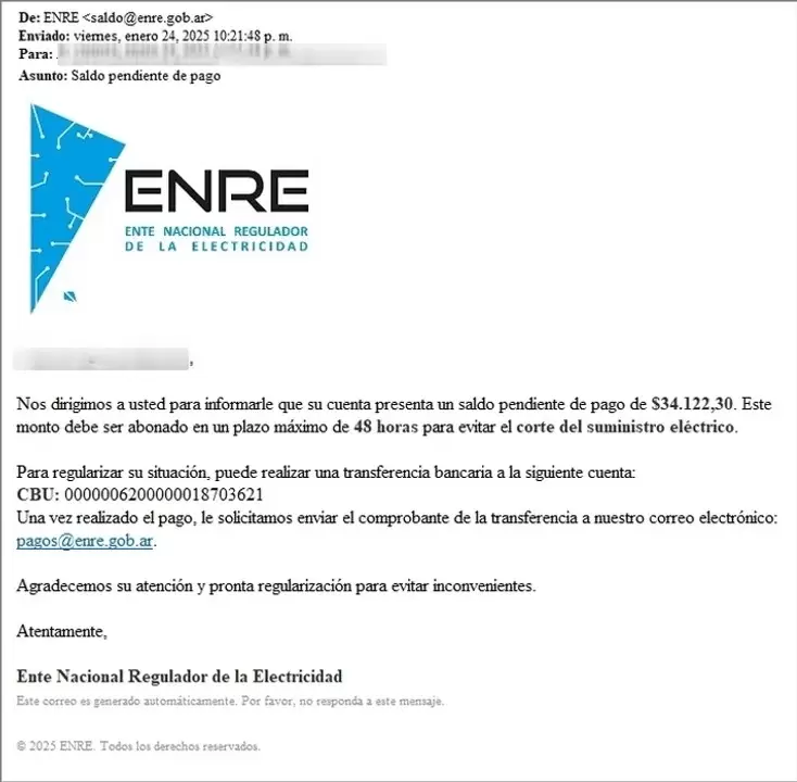 Es importante saber que el ENRE no cobra deudas de servicios eléctricos