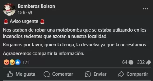 Publicación de los bomberos del Bolson.