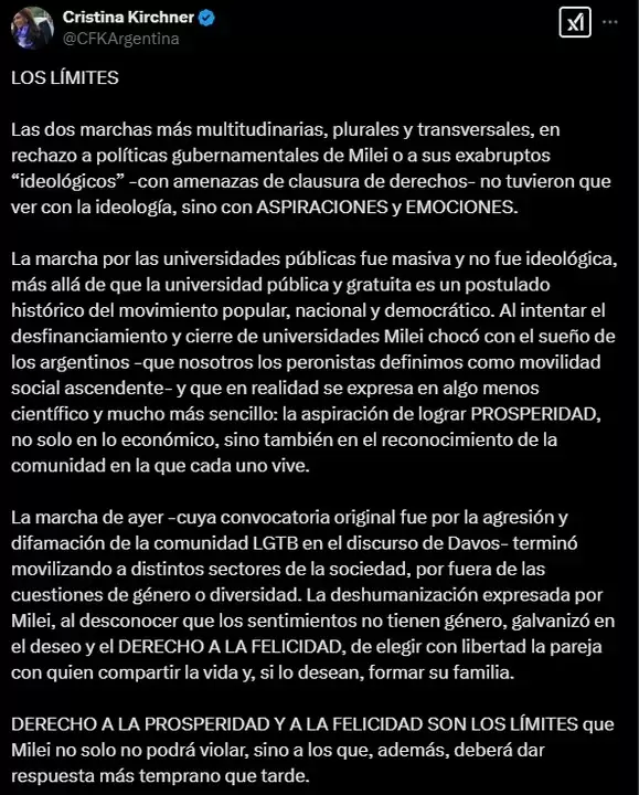 Declaraciones de Cristina contra Milei tras la marcha de este sábado