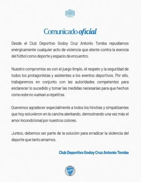 Comunicado de Godoy Cruz tras la agresión al juez de línea que motivó la suspensión del partido ante Talleres de Córdoba