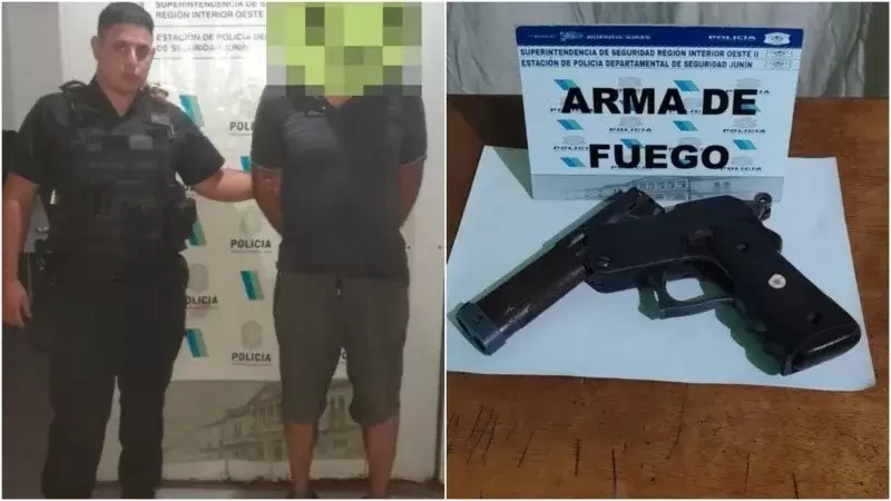 El hombre detenido y el arma que encontraron en su casa. (Foto: gentileza Crónica)