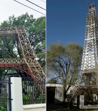 El hombre construyó una réplica de la Torre Eiffel en el patio de su casa.