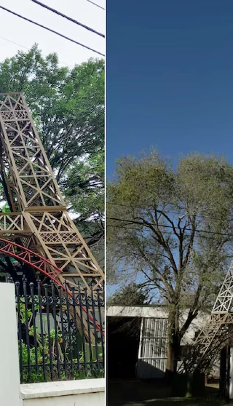 El hombre construyó una réplica de la Torre Eiffel en el patio de su casa.