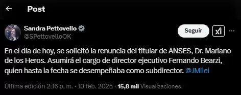 Publicación de Sandra Pettovello, ministra de Capital Humano.