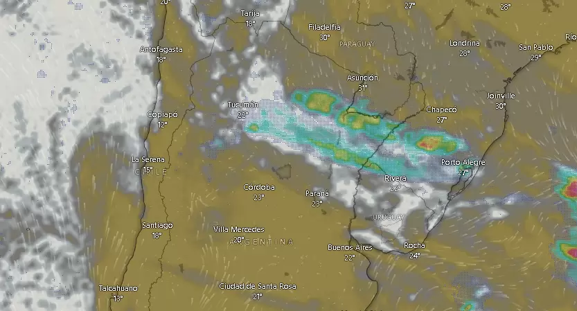 Nubes y tormentas sobre el territorio de la República Argentina el lunes 17 febrero de 2025 a las 09.58.