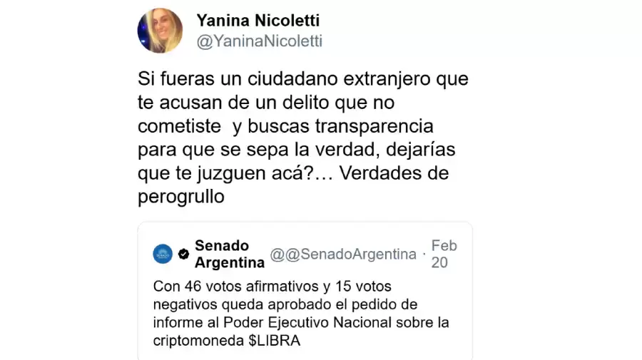 Los comentarios de Yanina Nicoletti en Twitter