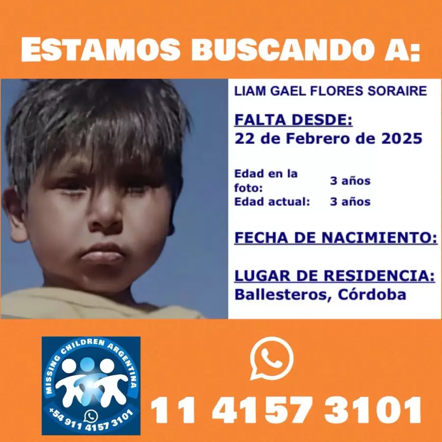 Liam es buscado intensamente desde este sábado 22 de febrero