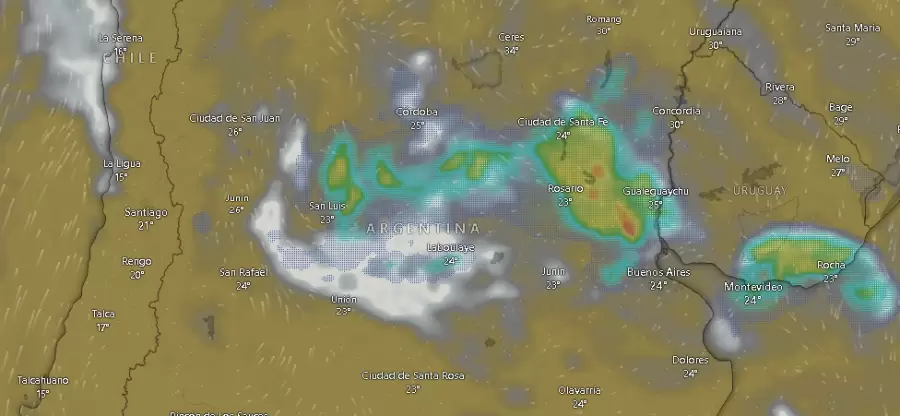 Mubes y tormentas en el centro de argentina el martes 25 de febrero de 2025.