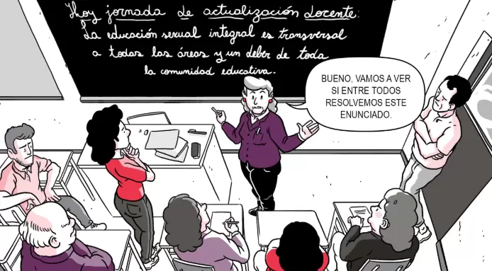 Caricatura que representa el desafío al que se enfrentan los docentes para considerar el ESI en sus planes educativos.