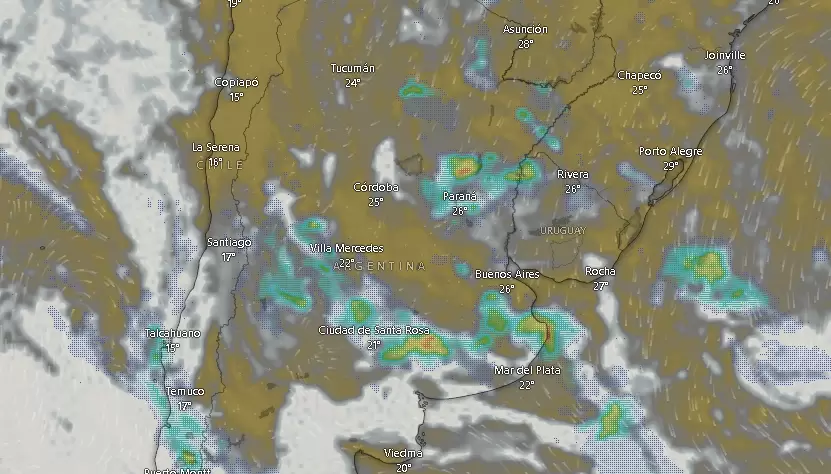 Nubes y tormentas en Argentina el viernes 28 de febrero de 2025 a las 09.54.