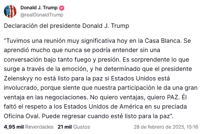 Posteo de Donald Trump sobre Ucrania