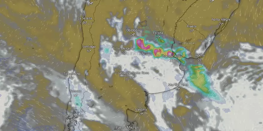 Nubes y tormentas en el centro de Argentina a las 09.51 del lunes 3 de marzo de 2025.