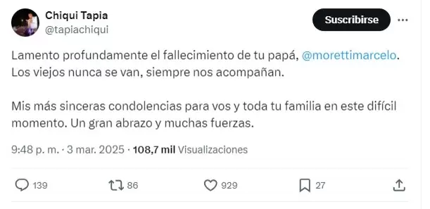 El presidente de AFA, Claudio Chiqui Tapia se solidarizó con el titular de San Lorenzo por la muerte de su padre/