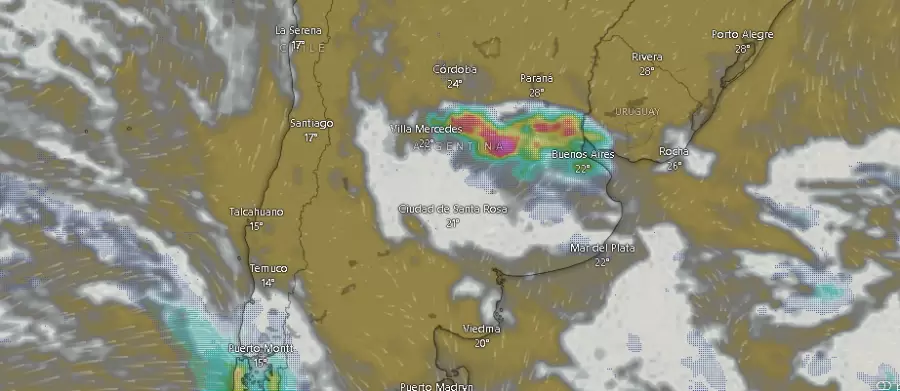Nubes y tormentas sobre la franja central de Argentina a las 09.35 del martes 4 de marzo de 2025.