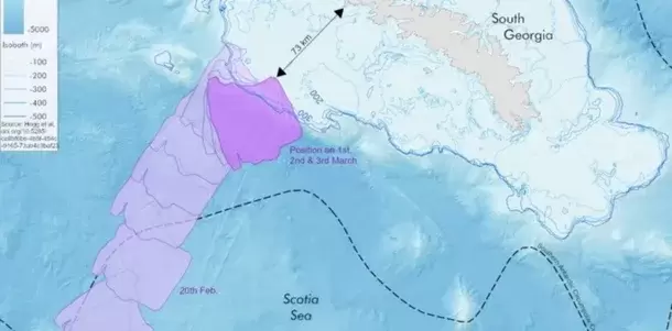 Recorrido del A23a, según reconstrucción basada en imágenes satelitales.
